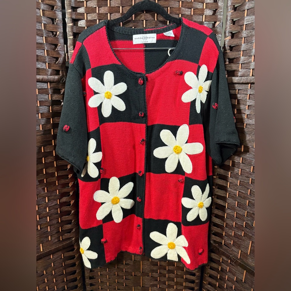 Vintage Marisa Christina Ladybug Daisy Knit Cardigan 1X | Made in Hong Kong